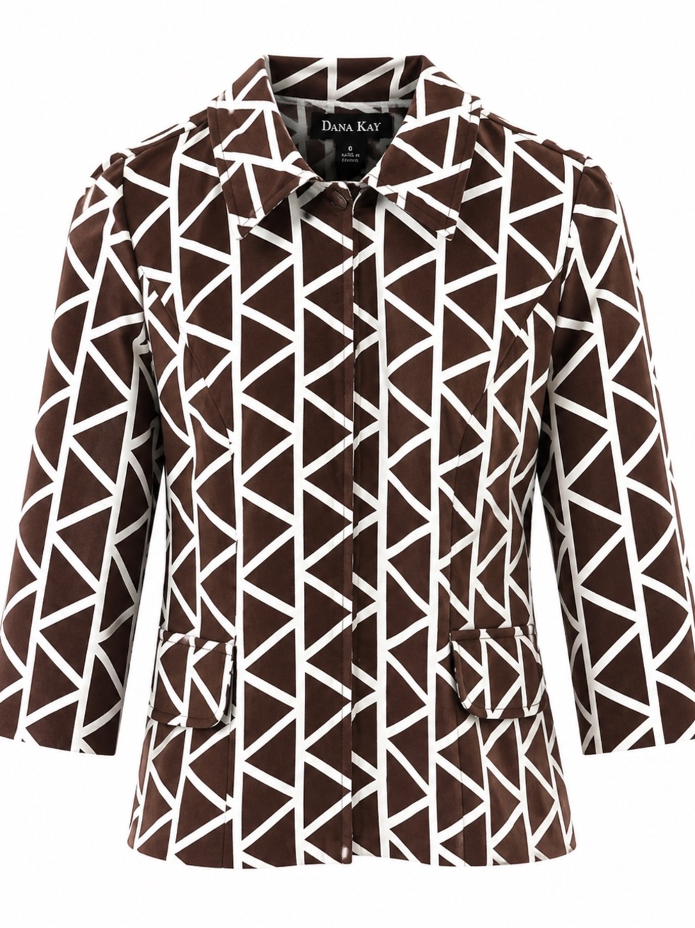 Dana Kay Womens Brown & White Geometric Print Jacket Zip Front Size 8 Cotton